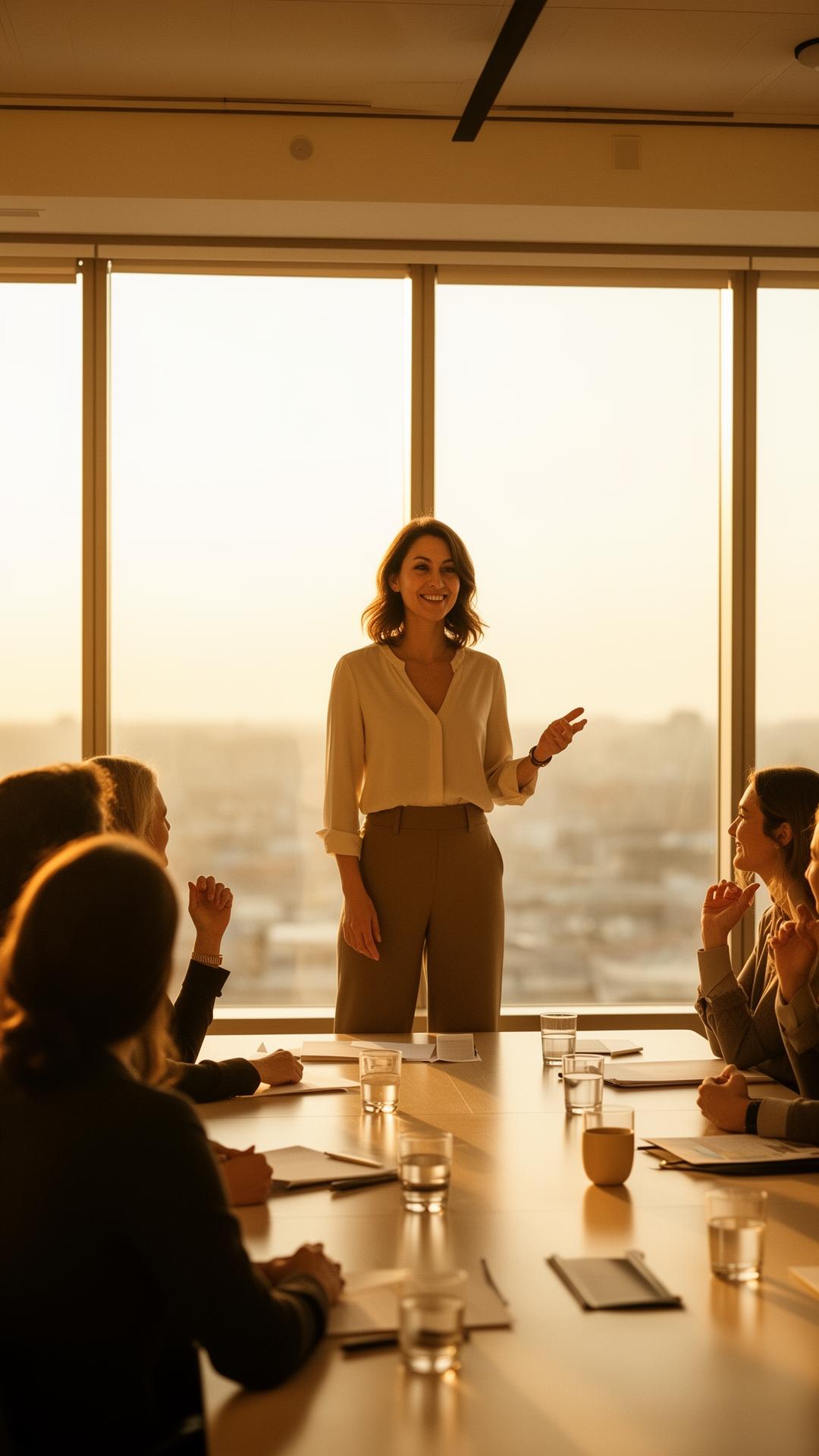 The same working woman confidently presenting to her team in warm morning light