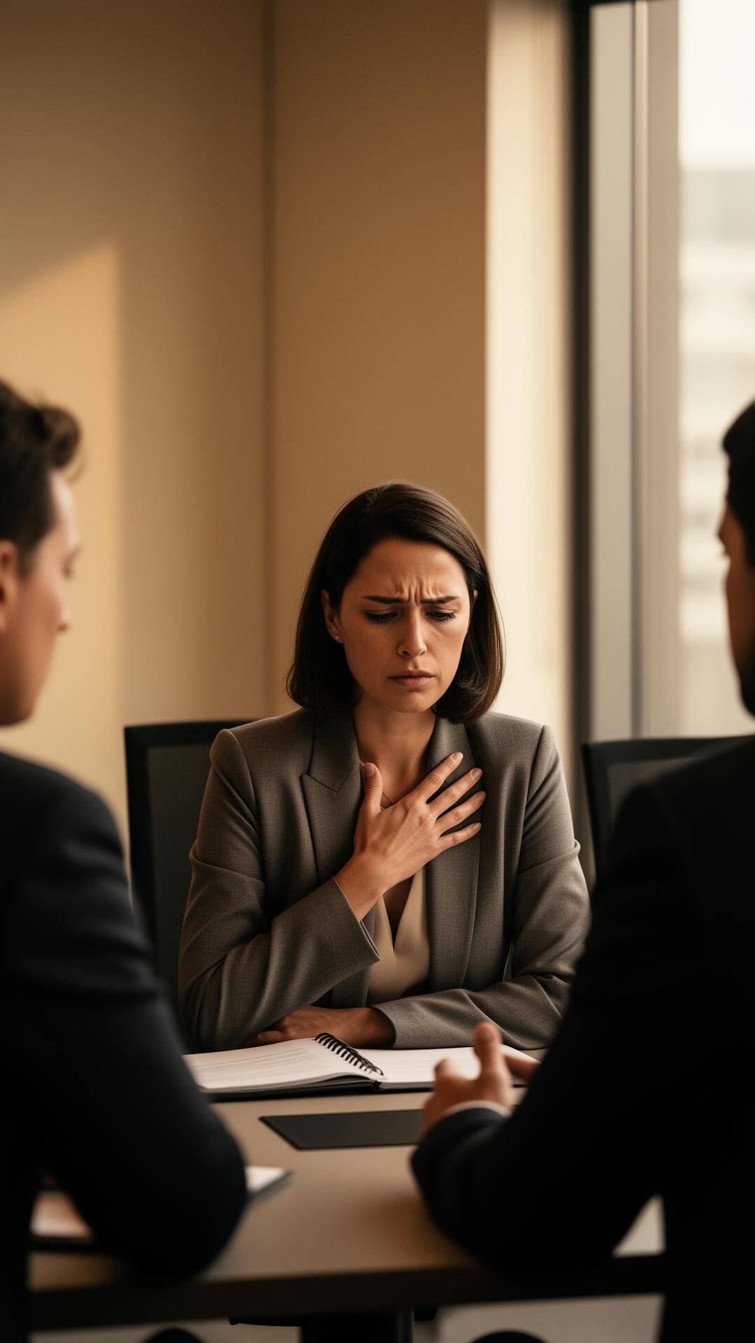A working woman silencing herself in a meeting, shoulders tight, hand on chest