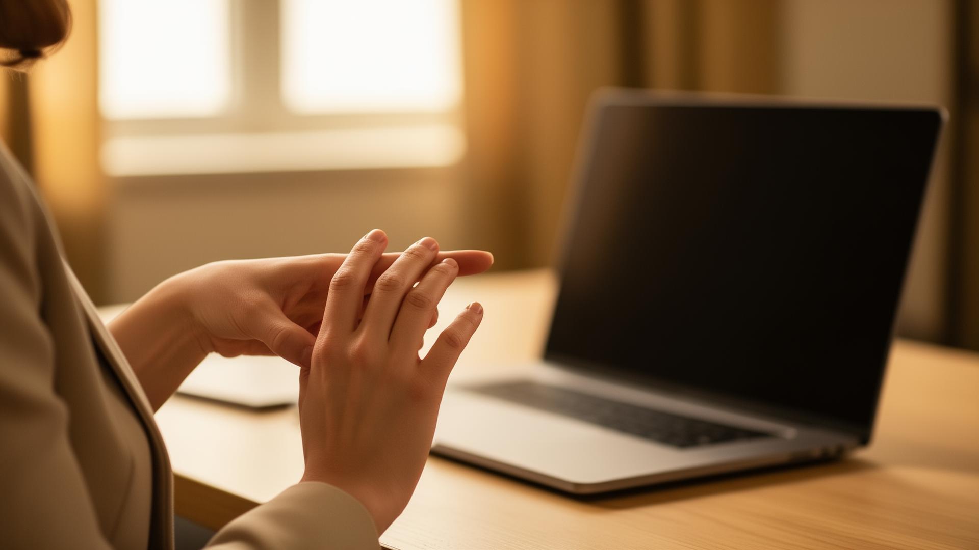 An expat working woman tapping the side of her hand at her desk before a meeting — a quiet EFT ritual