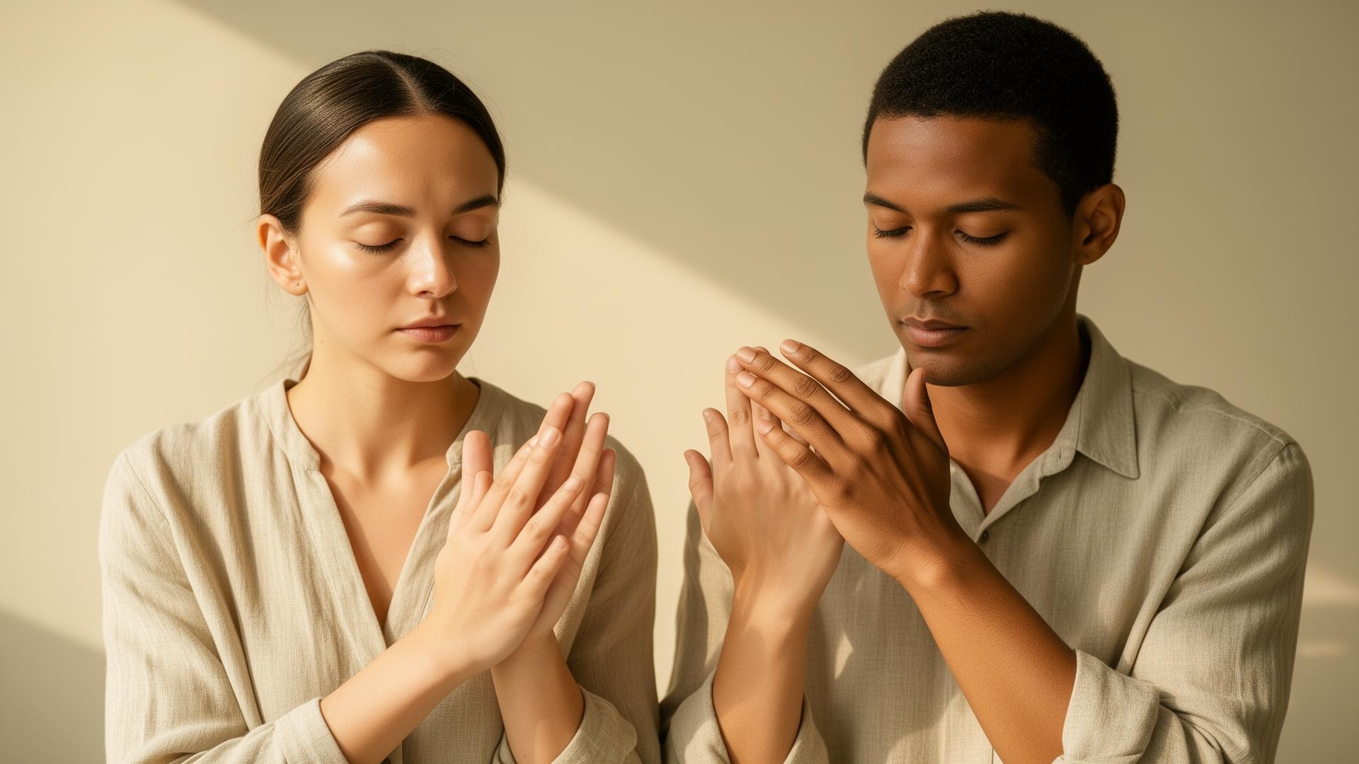 Two people of different backgrounds calmly performing EFT tapping in soft natural light