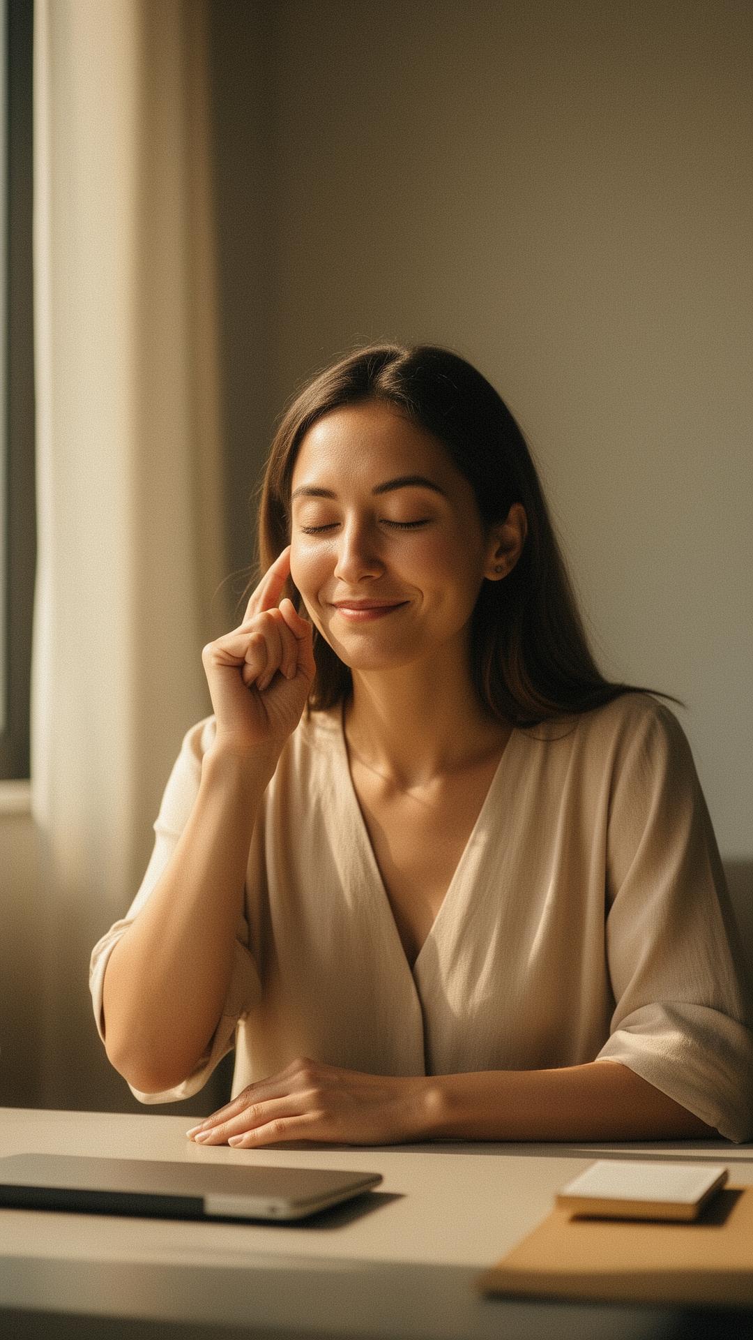 The same working woman calmly tapping at her desk, eyes softly closed