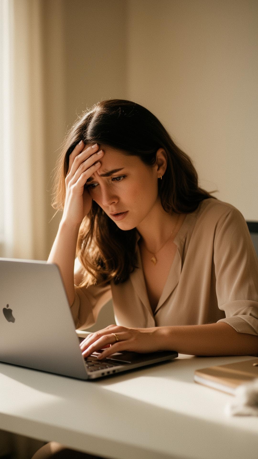 A working woman at her desk, overwhelmed before her tapping practice